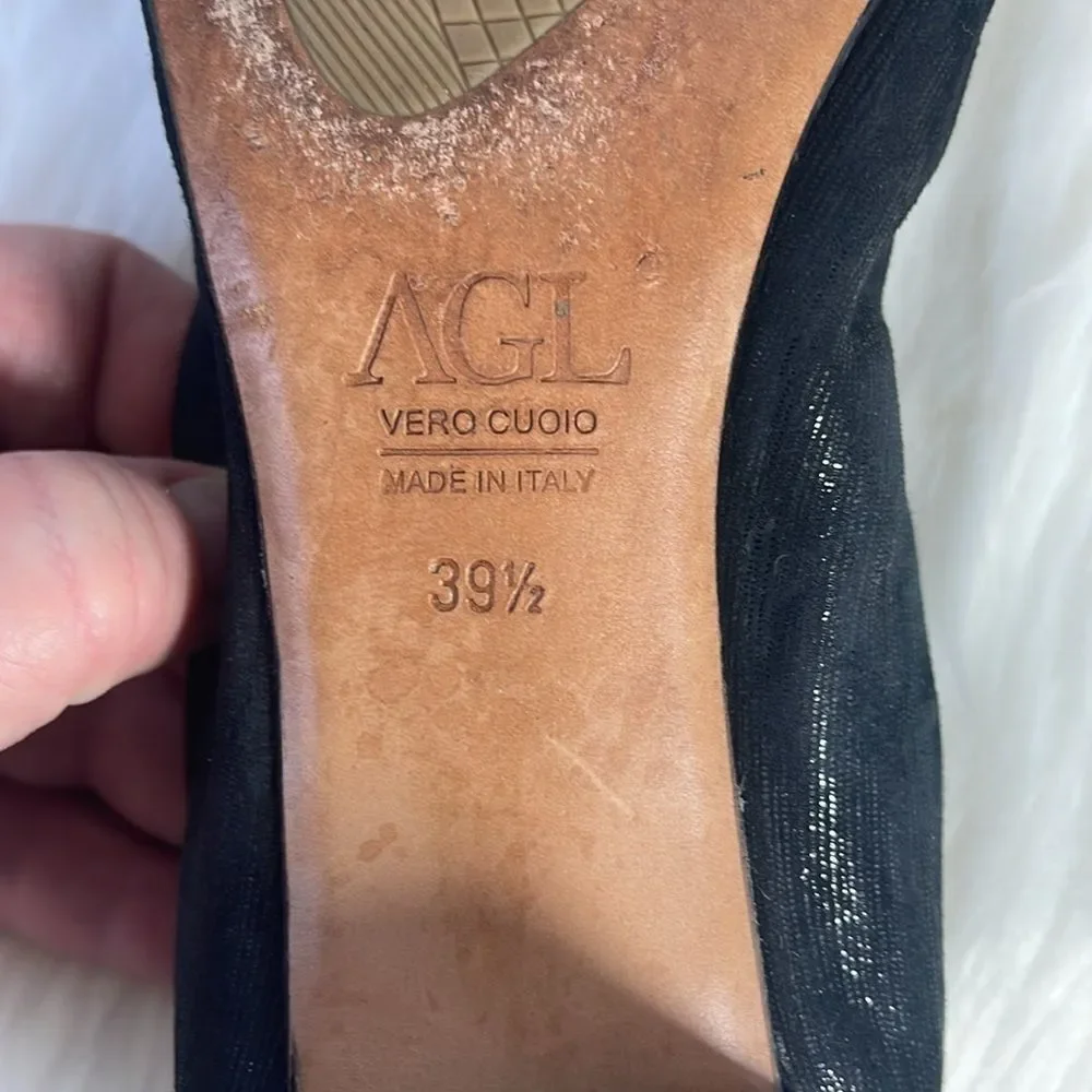 AGL Attilio Giusti Leombuni Black Metallic Cap Toe Horse Bit Heel Sz 39.5/US 7.5
